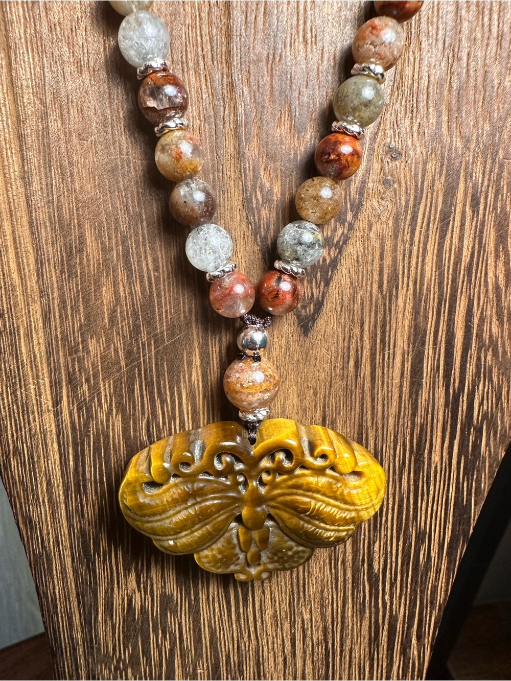 Tiger’s Eye Moth Pendant Necklace on Half Beaded Brown Adjustable Rope - Picture 14 of 15